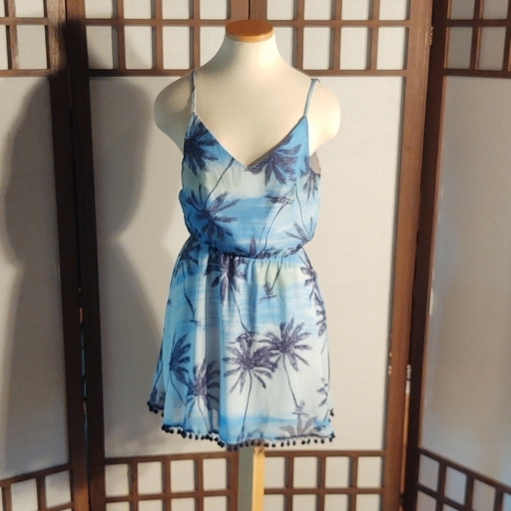 Ocean Drive Blue Palm Tree Print Dress with Pom Pom Trim Sz M